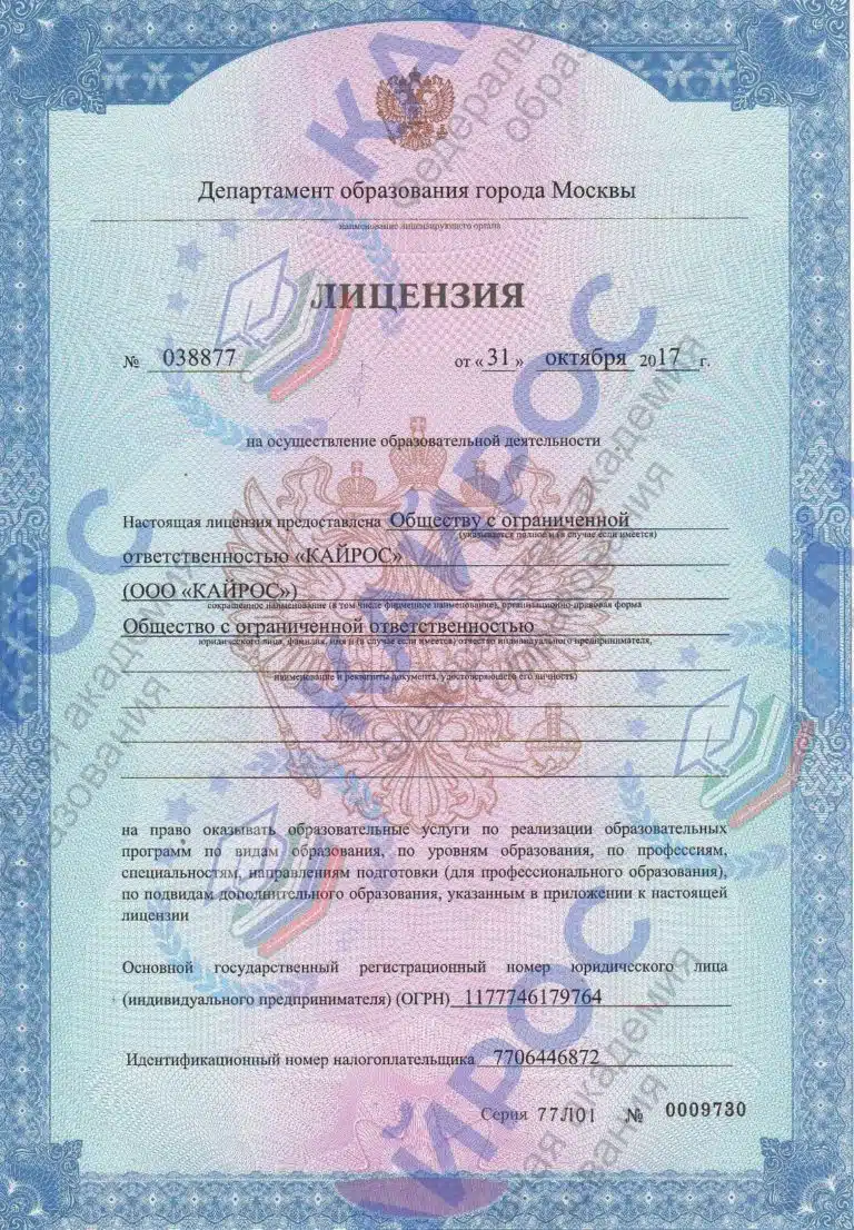 Лицензия на образовательную деятельность ООО Кайрос