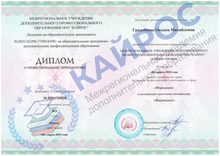 Учебный центр КАЙРОС - Диплом о профессиональной переподготовке