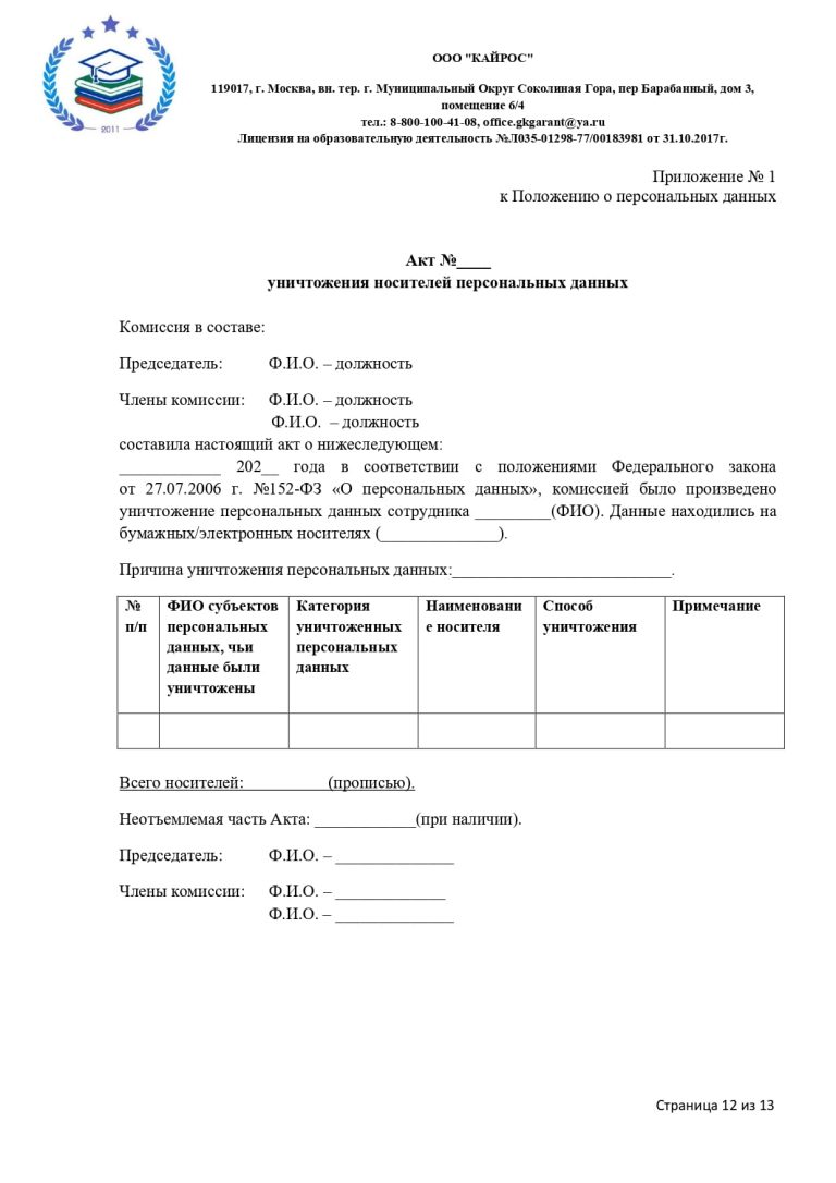ПОЛОЖЕНИЕ О ПЕРСОНАЛЬНЫХ ДАННЫХ в ООО «КАЙРОС»