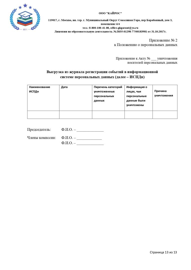 ПОЛОЖЕНИЕ О ПЕРСОНАЛЬНЫХ ДАННЫХ в ООО «КАЙРОС»